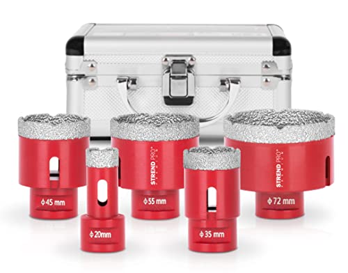 STREND PRO Diamant tegelboorkroonset voor tegels/glas/porselein, 20-35-45-55-72 mm, premium gatzaag voor haakse slijper Flex M14, aluminium koffer, keramiek/graniet/steentegels, boorkroon