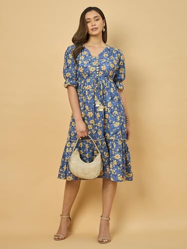 Image of Azira 100% Cotton Printed Fit & Flared Mandarin Collar Midi Dress | Casual Dress | Dress for Woman | Summer Dress