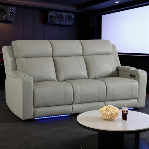 P.H.Furn Power Recliner Sofa, Home Theater Seating with Adjustable Headrest, Blue LED Lighting, Reclining Loveseat, Flip-Up Backrest Storage, Multi-Port Charger, Cup Holder, USB