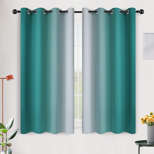 Image of SimpleHome Ombre Teal to Grey White Curtains for Living Room 52Wx54L | Room Darkening Curtains for Bedroom,Gradient Light Blocking Curtain,Thermal Insulated Grommet Window Drapes,2 Panels,54 Inch