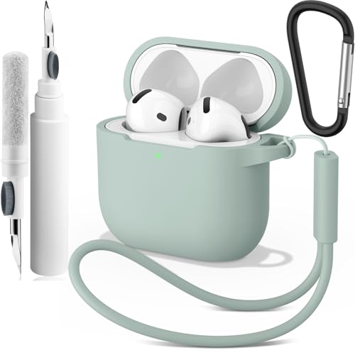Vancle Funda de Silicona para AirPods 4, con Kit de Limpiador, Anti Rasguños, Anti Polvo de Fundas Protectora para Apple AirPods 4 Generacion 2024, LED Visible Frontal, Cian Claro