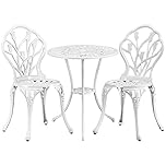 Yaheetech 3 Piece Patio Bistro Set, Garden Round Aluminum Table with 2 Chairs, Outdoor Antique Rose Vine Dining Furniture for Backyard, Porch, Balcony, Lawn, White
