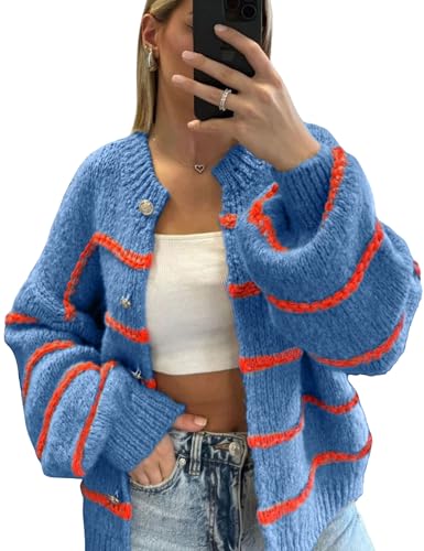 Image of QIBABU Womens Striped Cardigan Sweaters Casual Open Front Long Sleeve Button Down Knit Outwear