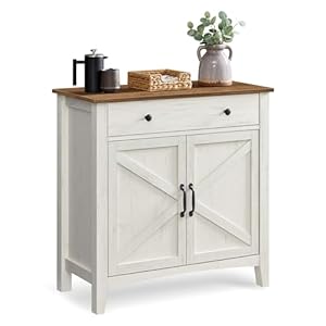 VASAGLE Coffee Bar Cabinet Kitchen Storage Cabinet with a Drawer Farmhouse Cabinet Sideboard with Adjustable Shelf for Kitchen Rustic White and Honey Brown UBBK341W01