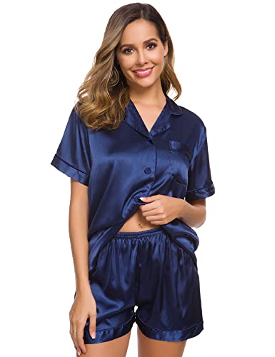Image of SWOMOG Womens Silk Satin Pajamas Set Short Sleeve Sleepwear Button Down Top and Shorts Loungewear 2 Piece Pjs Set XS-3XL Navy Blue Solid X-Large