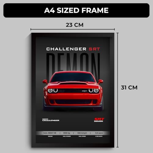 Image of Dodge Challenger Poster | Framed Dodge Challenger SRT Demon A4 Sized (31 x 23 cm) | Posters for Wall, Gift for Boys, Demon Car Frames | Demon Car Poster for Wall, Bedroom, Hostel, Study Room (F 172)