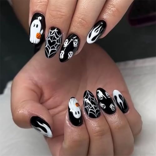 24PCS Halloween Press on Nails - Almond Fake Nails Black White Ghost Spider Web Design - Cute Cosplay False Nails Glossy And Full Cover Acrylic Nails for Women