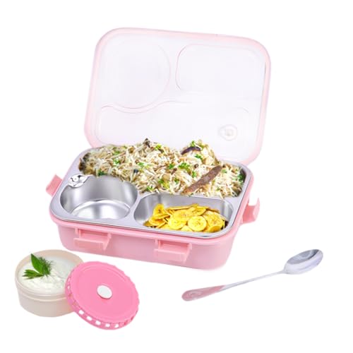 Image of ATTRO Lunch Pro Deluxe 3 Lunch Box with Detachable Inner Steel Compartments, Spoon, one Small Container, Heating Water Insulation Design, Foodgrade, Leakproof-750ml Pink