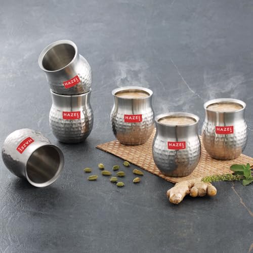 Image of HAZEL Double Wall Stainless Steel Kullad Set of 6 | Hammered Finish Tea & Coffee Cups | 150 ML | 6 cm Diameter