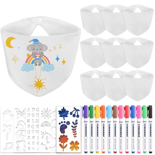 Faburo Baby Lätzchen zum Bemalen, 10 Stück Baby Lätzchen Dreieckstuch Baby Weiß Sabberlätzchen Lätzchen Doppelseitig lätzchen Baumwolle mit 5 Schablonen 12 Bunten Textilstiften für Babyparty