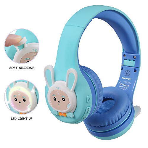 Riwbox Rb-7S Rabbit Kids Headphones Wireless, Led Light Up Bluetooth Over Ear Headset Volume Limited Safe 75Db/85Db/95Db With Mic And Tf-Card, Children Headphones For Girls Boys (Blue&Green) #TOP2