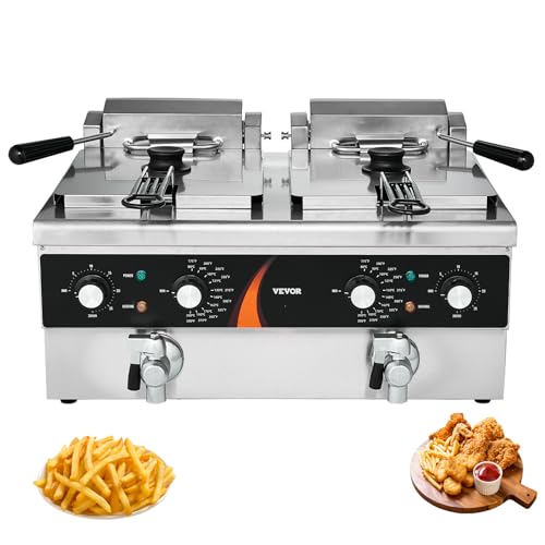 VEVOR Commercial Deep Fryer, 2 x 9Qt / 8.5L Double Oil Fryer with 2 Baskets, 1mm Thickened Stainless Steel, Dual Tank 3500W Electric Countertop Fryer? Time & Temp Control, for Kitchen Restaurant Use