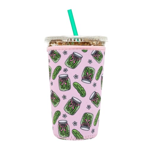 Image of Insulated Neoprene Cup Sleeve for Iced Coffee & Cold Soda - Reusable & Sweatproof, Keeps Drinks Cold Longer, Coffee Coolie for Hot & Iced Drinks (Cute Pickles, Medium: 22-24oz)