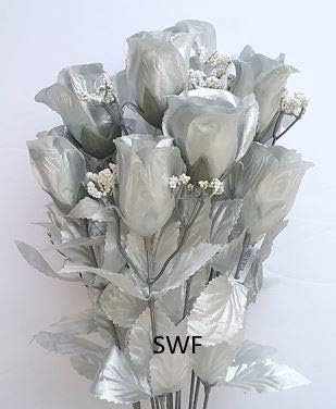 Wedding Flowers 19" Rose Bud Bush Silk 14 Heads (Silver)