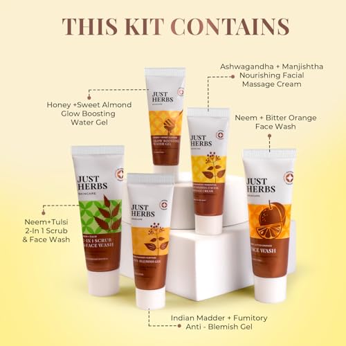 Image of Just Herbs 7 Days Face Care Pack Skincare Essentials Combo with Facewash | Honey Facial Gel | Honey Exfoliating Gel | Herbal Massage Cream and Anti Blemish Gel Perfect for Gifting Travel Kit Set for Men