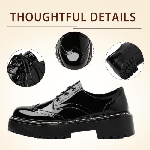 Image of Womens Oxford Shoes Black Leather Platform Oxford Shoes for Women Brogue