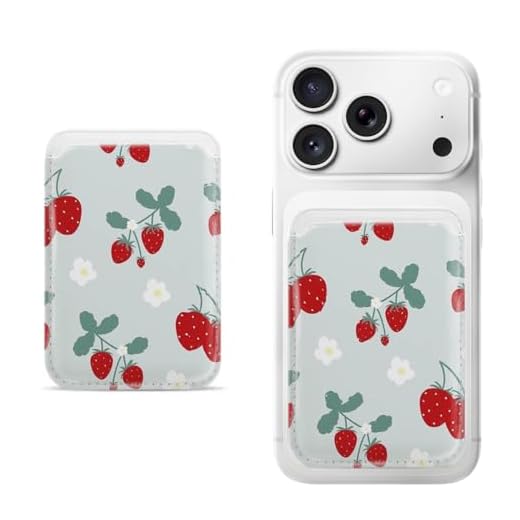 Strawberry Cherry Floral Pattern Magnetic Phone Card Holder, Slim PU Leather Wallet for Back of Phone Case, Fits iPhone 17/16/15/14/13/12& Samsung Android