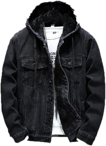 Chaqueta de Mezclilla con Capucha Forrada de Sherpa de Moda de Invierno para Hombre Chaqueta de Mezclilla cálida Gruesa de Estilo Universitario para Todos los días (Negro,3XL)