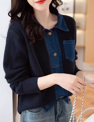 Womens Sweaters Patchwork Denim Sweater Cardigan Long Sleeve Chunky Knit Cardigans Fall Cardigan3