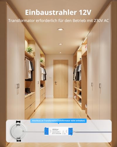 Gr4tec 6er Set LED Einbaustrahler 12V Dimmbar, IP44 Alu LED Spot Warmweiß 3000K 84Ra 3W, Möbeleinbauleuchte Ultra Flach 12mm, Loch 58-62mm, 12V Deckenspots für Wohnwagen Wohnmobil Boot Kleiderschrank