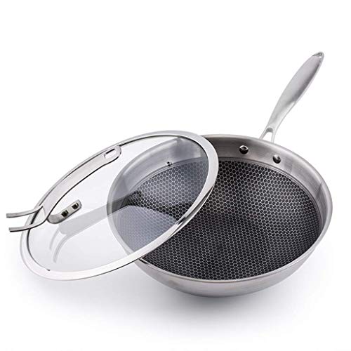 WOTZOV Sartén Wok Sartén Antiadherente Olla para Carne Wok de Acero Inoxidable 304 Sartén Antiadherente Sin Menos Aceite Sartén para Humo Sartén Cocina a Gas Sartén Universal