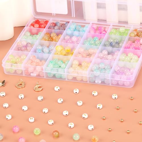 Image of 760PCS 8mm Glass Beads for Jewelry Making 24 Color Crystal Beads Bracelet Making Kit Gradient Round Bead for DIY Earrings Necklaces Rings with Letter Bead for Bracelets&Charms Accessories