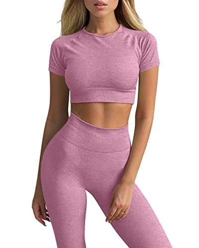 OYS Workout Sets for Women 2 Piece Outfits Seamless High Waist Yoga Leggings Running Sports Crop Top Gym Sets Fuchsia
