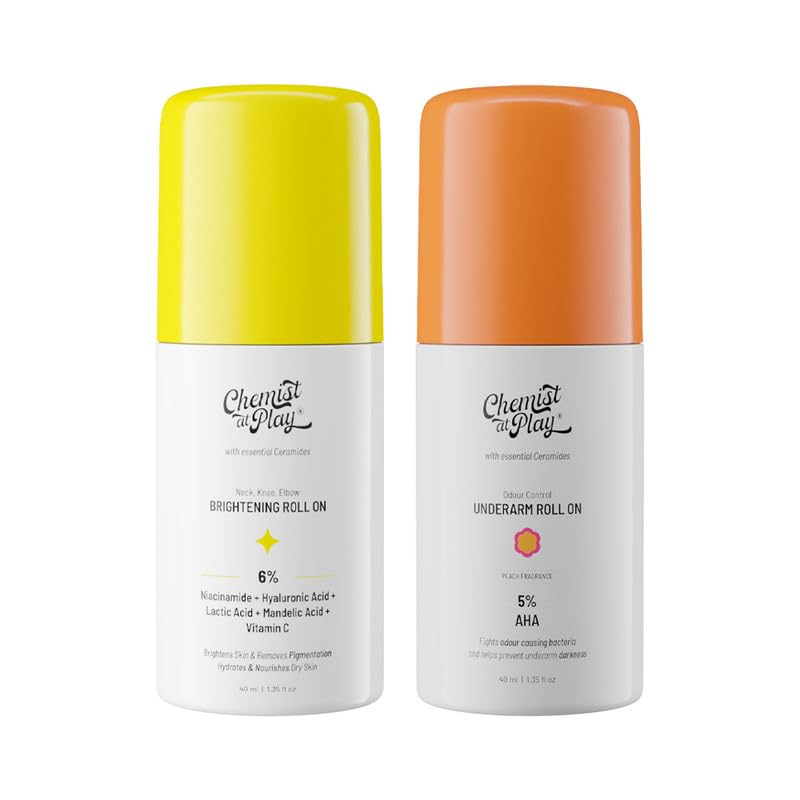Image of Chemist At Play Neck, Knee & Elbow Brightening Roll On 6% Vitamin C+ Hyaluronic Acid + AHA + Niacinamide + Ceramides | Under-Arm Roll-On, 5% Lactic Acid & 1% Mandelic Acid, Peach Fragrance | 40 + 40ml