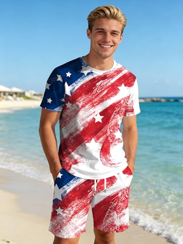Image of Ithalt Patriotic Shirts for Men 4th of July Outfit 2 Piece Set Short Sleeve and Shorts American Flag 250th Anniversary