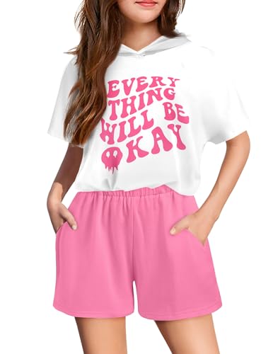 Image of Girls Summer Outfits Kids Hooded-Shirts and Elastic Waist Shorts Sets | short sleeve drop shoulder hooded shirt and shorts with two pockets tie dye leopard letter