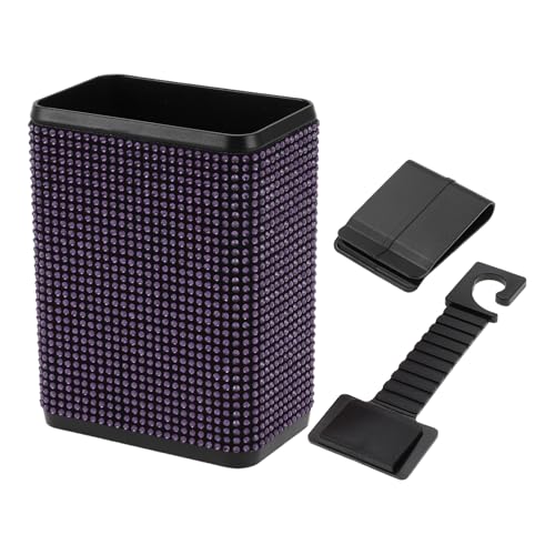 Image of 1 Pcs Universal Car Trash Can Hanging 4.3 inch Length 2.8 inch Width 5.5 inch Height Trash Bin with Hook and Back Clip Purple Plastic Rhinestone
