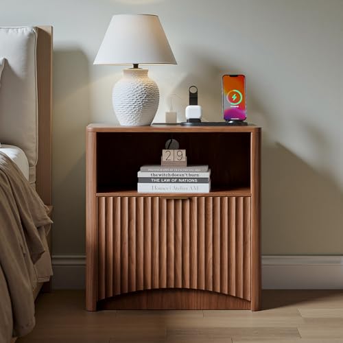 Image of Evermagin Fluted Nightstand with Charging Station, Walnut Bedside Table with Drawer and Storage, Wood End Table Mid Century Modern, Large Night Stand for Bedroom
