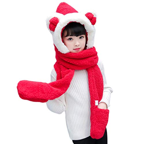 EVERY- Chapéu infantil 3 em 1 de pelúcia quente de inverno fofo laço orelhas de urso cachecol luvas