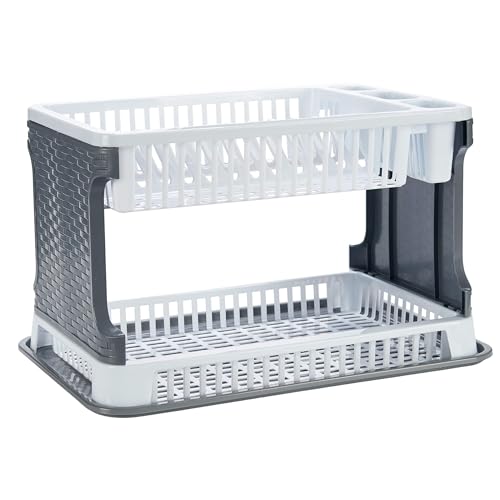 MIMOCASA Escurreplatos Plastic, Escurridor de Platos 2 Capas con Bandeja, Gran Capacidad y Resistencia, 44.5x30.4x27.5cm, Gris