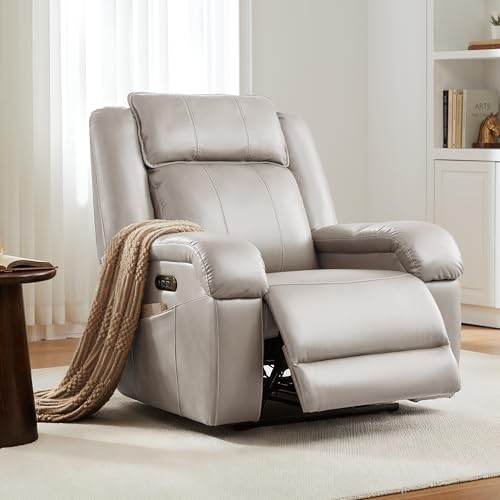 Image of SITJOY Pet Friendly Leather Power Recliner Chair, Zero Wall Hugger RV Recliners with Power Headrest, Charging Ports, Side Pockets, Down-Filled, Scratch Resistant Waterproof Faux Leather in Greige