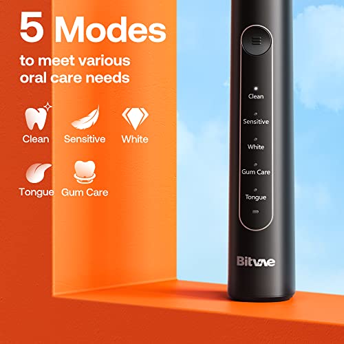 Image of Bitvae R2 Rotating Electric Toothbrush for Adults with 8 Brush Heads, Travel Case, 5 Modes Rechargeable Power Toothbrush with Pressure Sensor, 3 Hours Fast Charge for 30 Days, Black