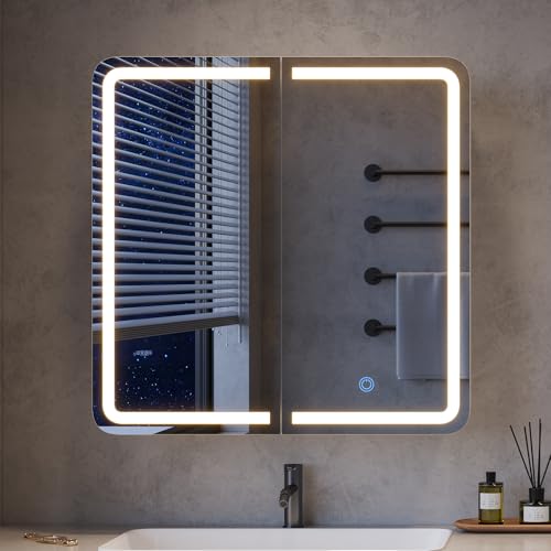 mojiasion 2-türiger Spiegelschrank Bad mit Beleuchtung – 60 cm breit, Alibertschrank mit LED, Touch-Sensor, 3 Lichtfarben, dimmbar & integrierter Ladestation (2 USB + 2 Steckdosen)