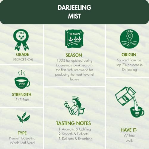 Image of 1950 Origins Darjeeling Mist Long Leaf Tea 80g Tin Caddy | Premium Black Tea Leaves | Darjeeling First Flush Loose Leaf | 100% Pure Fresh,smooth & Aromatic | Whole Leaves Chaipatti |