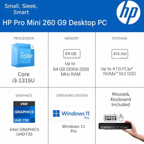Image of HP 2026 Pro 260 G9 Mini PC Desktop Computer, 13th Gen Intel Core i3 CPU, 16GB RAM, 256GB PCIe SSD, Triple 4K Display Support, USB-C, Ultra-Quiet Design, Bluetooth 5.2, WiFi 6, KB&Mouse, Windows 11 Pro