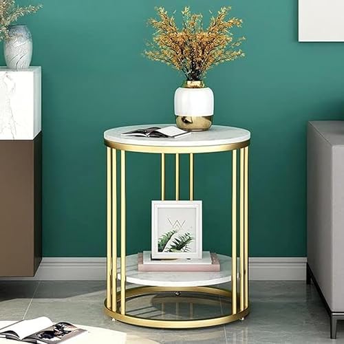 Image of Living Room Bedside Round Table Corner End Table Metal Nightstand or Mid-Century Modern Coffee Table with a Circle Accent for Compact Areas (White Gold)