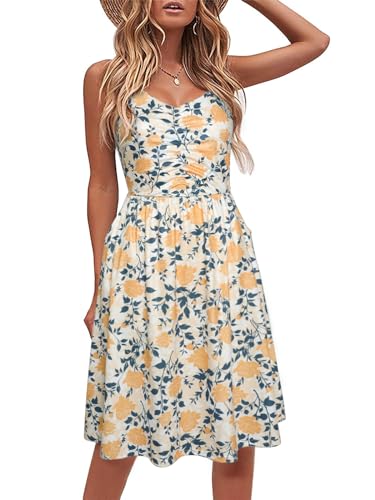 Image of YATHON Casual Dresses for Women Sleeveless Cotton Summer Beach Dress A Line Spaghetti Strap Sundresses with Pockets