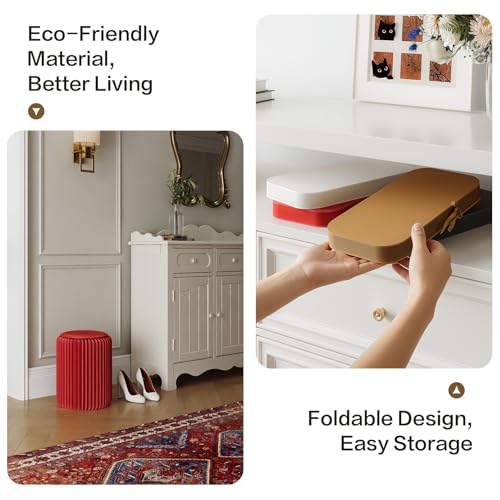 Image of 17 Inch Folding Stool 660lb Foldable Paper Stool, Eco-Friendly Kraft Paper Honeycomb Design Home Furniture Modern, Foldable to 1.2 Inch Round Foot Stool for Living Dining Room (Red)