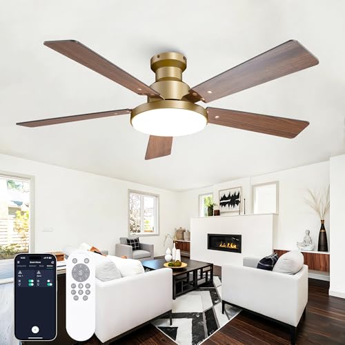 Vaczon 52 Inch Low Profile Gold Ceiling Fan with Lights Modern Black and Gold Ceiling Fans with Remote/APP for Indoor Bedroom Flush Mount 12.2 Large 3CCT LED Light Panel 6-Speed Quiet DC Motor