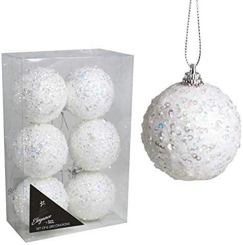PMS International Christmas Pack of 6 White 60mm Baubles Crystal Look Sequin Polyfoam