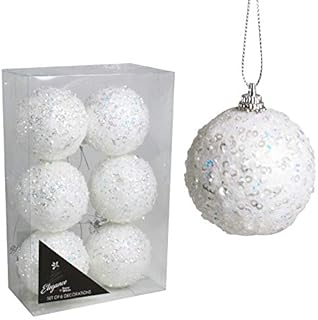 PMS International Christmas Pack of 6 White 60mm Baubles Crystal Look Sequin Polyfoam