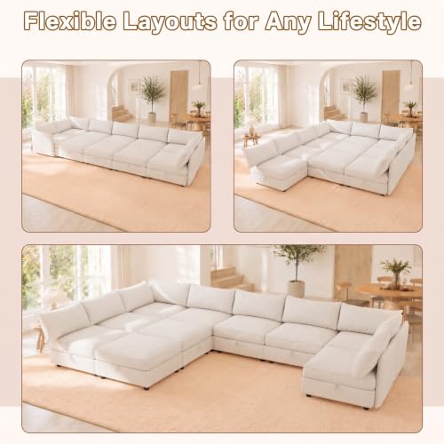 Image of 125 inch 10 Seat Modular Sectional Sleeper Sofa, Chenille Modern Modular Sofa Bed Hidden Storage, Convertible L&U Shaped Sleeper Couch with Ottoman, Couches for Living Room, Beige