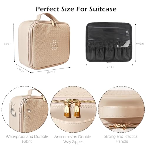 Image of MOMIRA Travel Makeup Bag Cosmetic Bag Makeup Organizer Bag with Lighted Mirror, Adjustable Brightness in 3 Color Scenarios, Waterproof Makeup Train Case, Gift for Women - Fleshcolor(Woven)