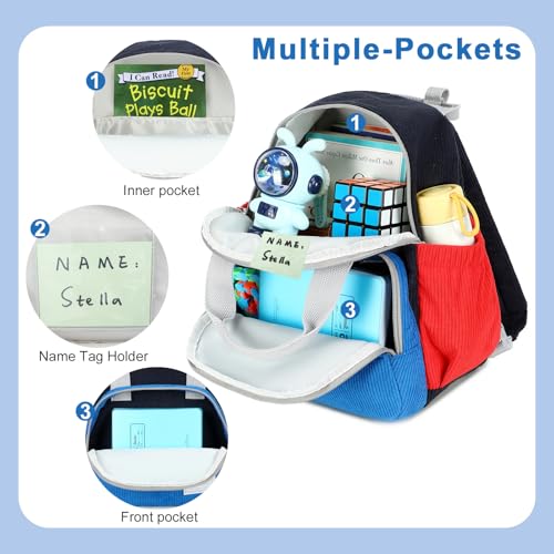 Image of Bluboon Toddler Backpack for Girls Boys 2-4 Cute 12 inch Preschool Kindergarten Backpacks Kids Daycare Bags School Travel (Blue-red Corduroy, Age 2-4 (12 inch H not Fit A4 Folder))