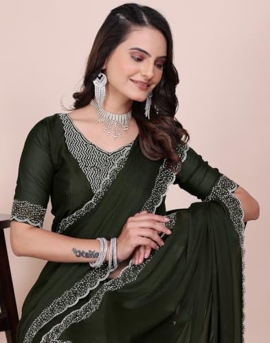 Image of SIRIL Women's Georgette Hot Fixing Stone Work Saree with Unstitched Blouse Piece