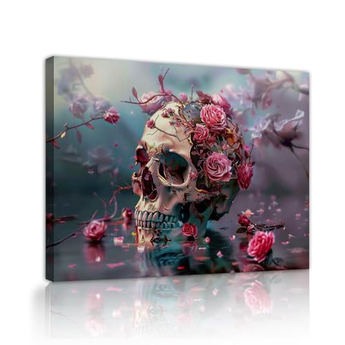 Toile crâne abstrait et fleurs roses OSHIONARTE, peinture artistique de prestige pour couloir